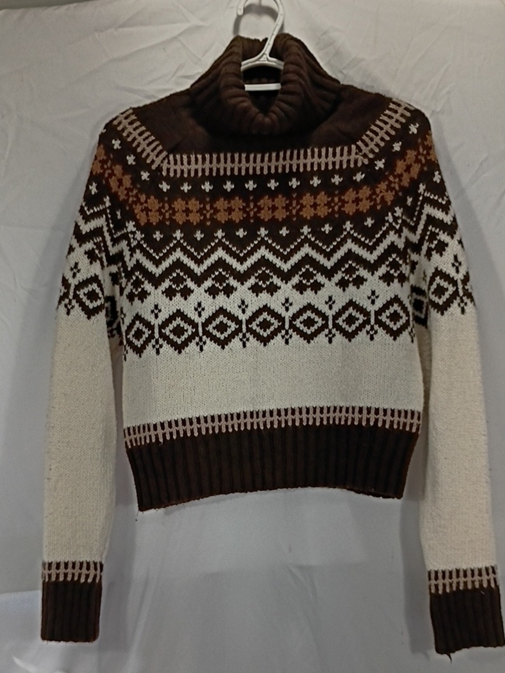 EUC American Eagle Outfitters Brown and Cream Fair Isle Turtleneck Sweater Sz Sm